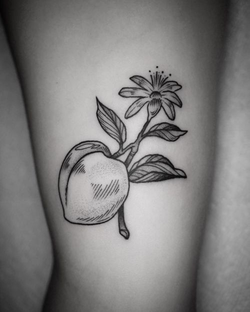 Lil’ stylized peach and flower from the other day:) #pcrumptattoos #thebutchertattoo #inkpedia