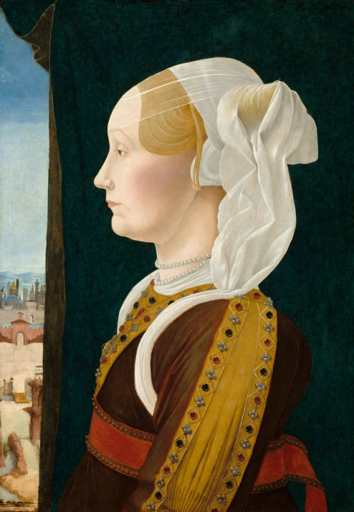 oncanvas:Ginevra Bentivoglio, Ercole de’ Roberti, circa 1474-77Tempera on poplar panel53.7 x 38.7 cm