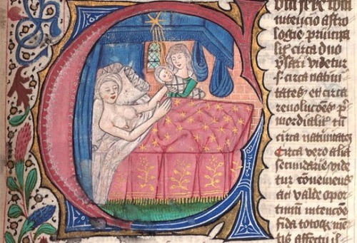 medieval-women: An illustration showing the celestial influences on a newborn child as it is passed 