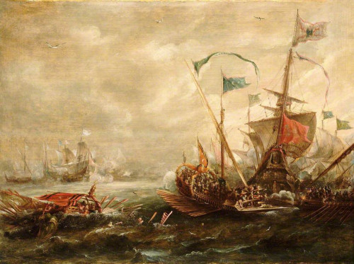A painting of a Spanish ship fighting off Barbary Pirates.Painted by Andries van Eertvelt, 17th cent