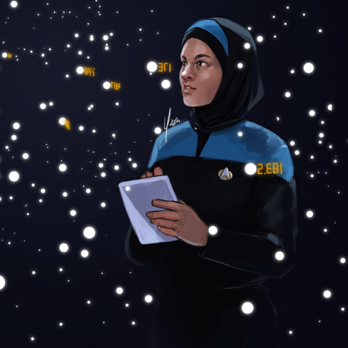 yinza: Hijabi Starfleet officer looking at star charts. The numbers are just random nonsense I put i