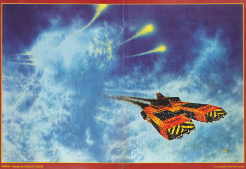 70sscifiart:Orange spaceships.Art by Franco Storchi; Angus McKie; unknown; and Vaughn Bode & Lar