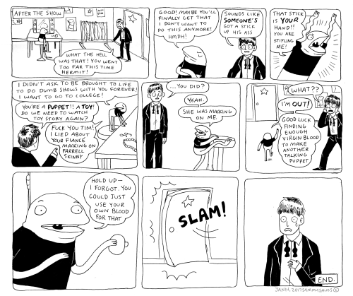 we had do a 1 page humor comic about a ventriloquist for storytelling classhere it is (unfortun