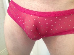 pantycock:   http://pantybif3tish.tumblr.com  I really like polka dots. Pink sheer goodness. Thanks for the pic cumtasticness 