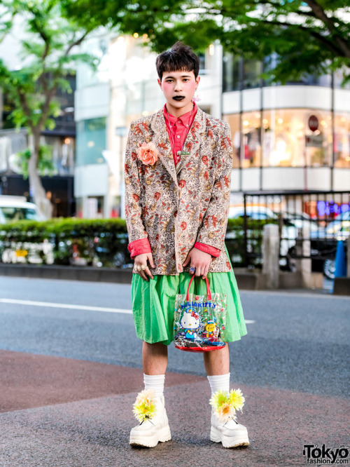 Japanese students Taira, Sei, TKM Freedom, Sou, and Kiku on the street in Harajuku wearing a mix of 