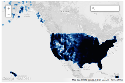 You can sleep well tonight: There are more public libraries (about 17,000) in America than outposts of McDonalds (about 14,000). The same is true of Starbucks (about 11,000 coffee shops nationally).
The top map (blue) represents libraries; the bottom...