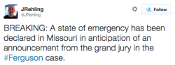 inixoq:  gelatinadeleche:  blackfemalepresident:  socialjusticekoolaid:  revolutionarykoolaid: BREAKING FERGUSON NEWS (11/17/14): Governor Jay Nixon, in advance of the Grand Jury decision for Darren Wilson in the death of Michael Brown, has declared a