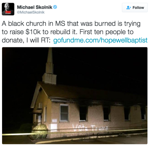 the-movemnt:  A black church was set on fire and tagged with the words “Vote Trump”On Tuesday night, the Hopewell Missionary Baptist Church in Greenville, Mississippi, was set on fire and vandalized with the words “Vote Trump.” No injuries have