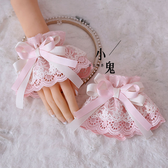 unknows Women Wristband Sweet Lolita Girl Lace Wrist Cuffs Cute Plush Bunny Ears Bow Cosplay Hand Sleeve Lolita Girl Lace Wrist Cuffs