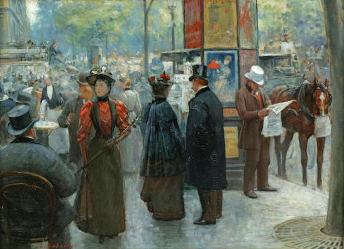 Elegant figures by an outdoor cafe on a Parisian street. Louis Rémy Sabattier (French, 1863-1935). O