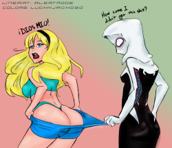 overpufflord:  luckyjack020:  A coloring I did of a /co/ request of Spider-Gwen teasing Gwen Stacy from the Latin version of the Spiderman comics. I tried some new shading/lighting techniques with this one.Lineart by alertmode: http://the-collection.booru