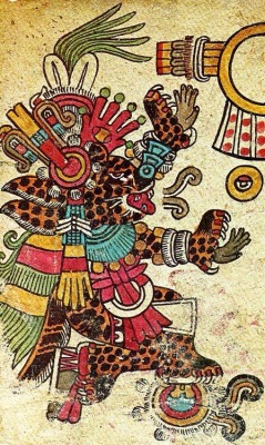neomexicanismos:  Representación de Tepeyollotli-Tezcatlipoca en el Códice Borbónico. Tezcatlipoca, dios supremo entre los aztecas, fue el patrono de la realeza. Su nombre significa “señor del espejo humeante” y su nagual era el gran jaguar Tepeyollotli.