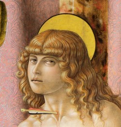 koredzas: Carlo Crivelli - The Virgin and Child with Saints Francis and Sebastian. Detail. 1491 