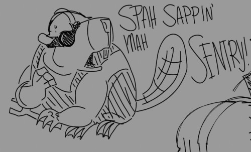 a digital drawing of the engineer from team fortress as a beaver. he has sweat beading down and shouts "Spy sappin my sentry" with a wrench in paw