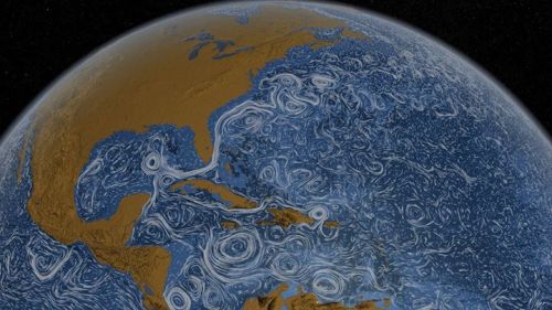 Perpetual Ocean: This dreamy image is a screen shot of an animation created by NASA which shows how 