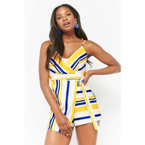 Forever 21 Striped Wrap Romper Navy/yellow ❤ liked on Polyvore (see more white camisoles)