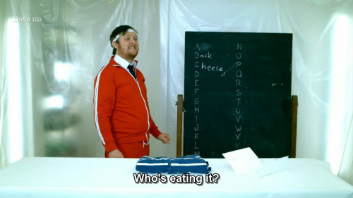 taskmastercaps:[ID: Four screencaps of Tim Key on Taskmaster, writing an alphabetical list of cookin