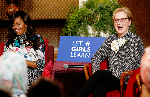 Michelle Obama and Meryl Streep speak during a conversation with Moroccan adolescent girls moderated