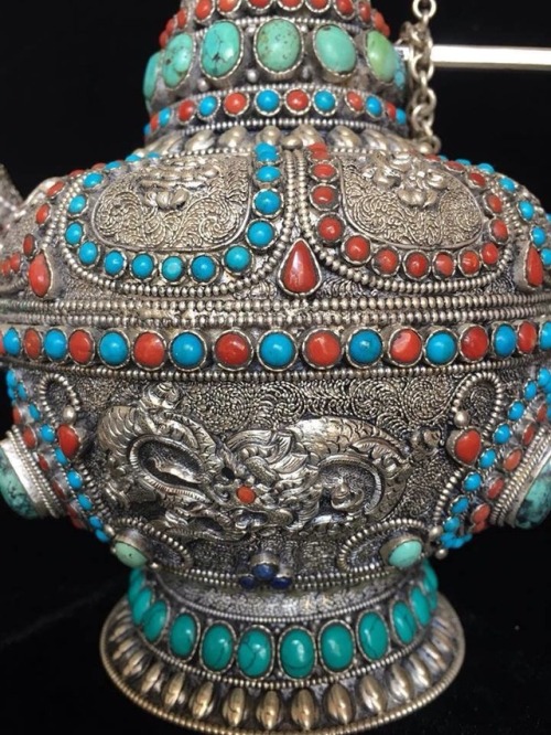 Masterpiece Nepalese Pure Silver Dragon Teapot with Gem Inlay of Lapis, Coral &amp; Turquoise For mo