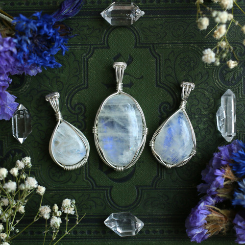 Lovely wire wrapped rainbow moonstone pendants in sterling silver.Available at my Etsy Shop - Sedna 
