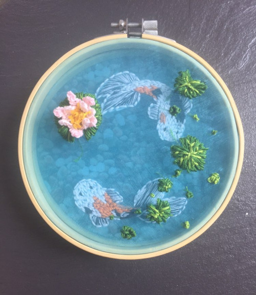 embroiderycrafts: My first ever embroidery, I made a 3D koi pond with a 3D water lily flower too! by