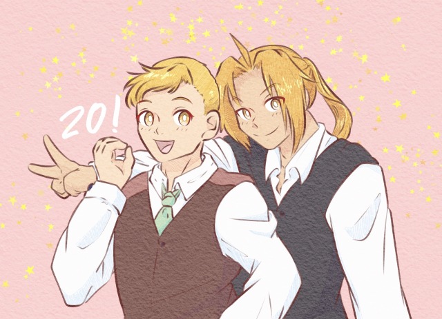 a digital drawing of ed and al from fullmetal alchemist. they are as they are at the end of the series. al smiles and looks at the viewer. ed leans his arm over al's shoulder. their hands make a 20