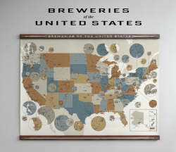 popchartlab:  Go cruisin’ for a brew-sin’ with this refreshed and revamped map of US breweries, now featuring over 3,600 brewers and engraved walnut hanging rails.