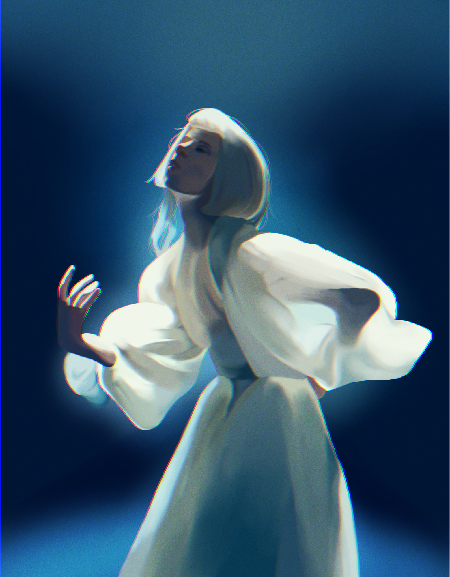 digital painting of the singer aurora. she is lit in blue with a white backlight