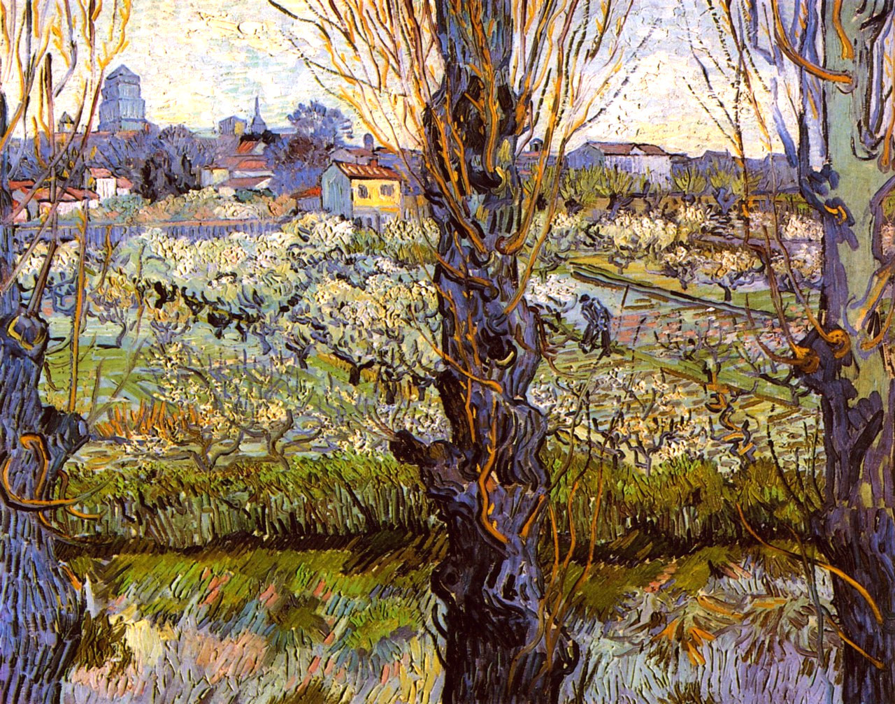 vincentvangogh-art:  Orchard in Bloom with Poplars, 1889 Vincent van Gogh 