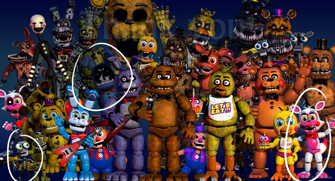 WITHERED FREDDY, WITHERED CHICA, WITHERED BONNIE, WITHERED FOXY E