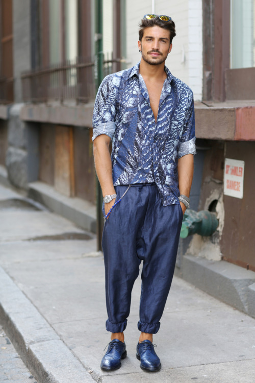 wgsn:On day 2 of #NYFW #SS15, this all blue outfit stood out in the crowds with its dark denim harem