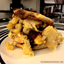 thesandwichenthusiast:  themaltliquorsociety:  thesandwichenthusiast:  Lil grilled mac-n-cheeser from last night. Homemade mac, roasted chicken, and bourbon BBQ sauce on a toasted english muffin.  I love you.  😘 