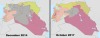 Iraq-Syrian Civil War in December 2014, compared to October 2017.
[[MORE]]• Red - Syrian Government
• Purple - Iraq Government
• Grey - Islamic State
• Green, White - Syrian rebels
• Syrian Yellow - Rojava (Kurds)
• Iraqi Yellow - Iraqi Kurdistan