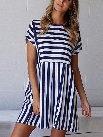 Blue Stripe Crew Neck Pocket Detail Mini Dress