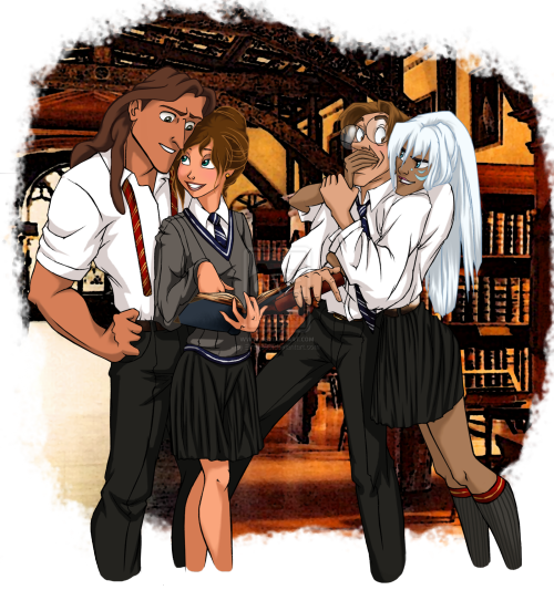 summersone:Disney at Hogwarts by Eira1893  Gryffindor Prince Charming, Philip, Ariel & Eric, Aladdin, Merida, Tarzan, KidagakashHufflepuffSnow White & Prince Ferdinand, Cinderella,Tiana, Anna & KristoffRavenclawAurora, Belle, Rapunzel, Milo