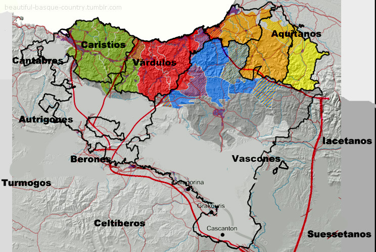 The four main dialects of Euskara, Biscayan (green), Gipuzkoan (red), Labourdain (orange) and Northern Navarrese (blue), coincide with the territories the pre-Roman Basque tribes occupied (marked out by red lines):
- Caristians - Biscayan
- Varduls -...