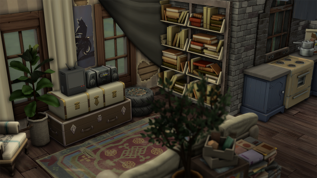 A rickety interior captured in The Sims 4. The living room is messy and dusty.