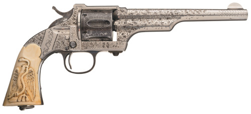 Custom engraved Merwin and Hulbert Co. single action revolver with carved ivory grips.Estimated Valu