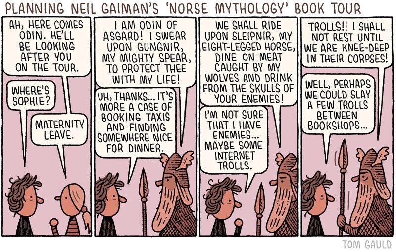 neil-gaiman:
“myjetpack:
“I made a cartoon about @neil-gaiman ’s new Norse Mythology book for the @guardian
”
I have not stopped taking joy in this.
”