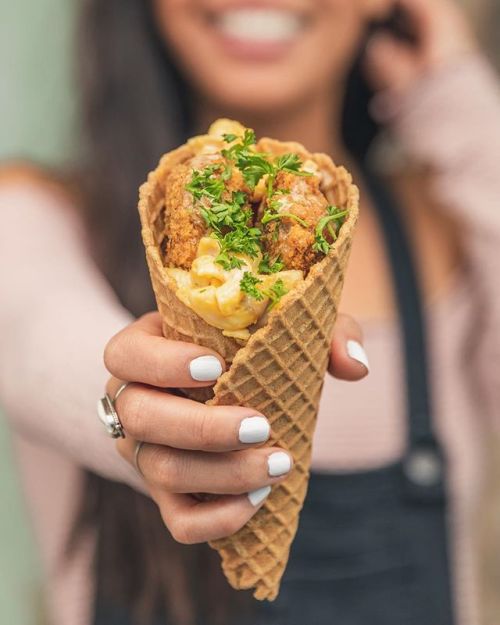 The future is vegan “Chicken” &amp; Waffle Cone with Smoked Vegan Cheddar Mac + Chee