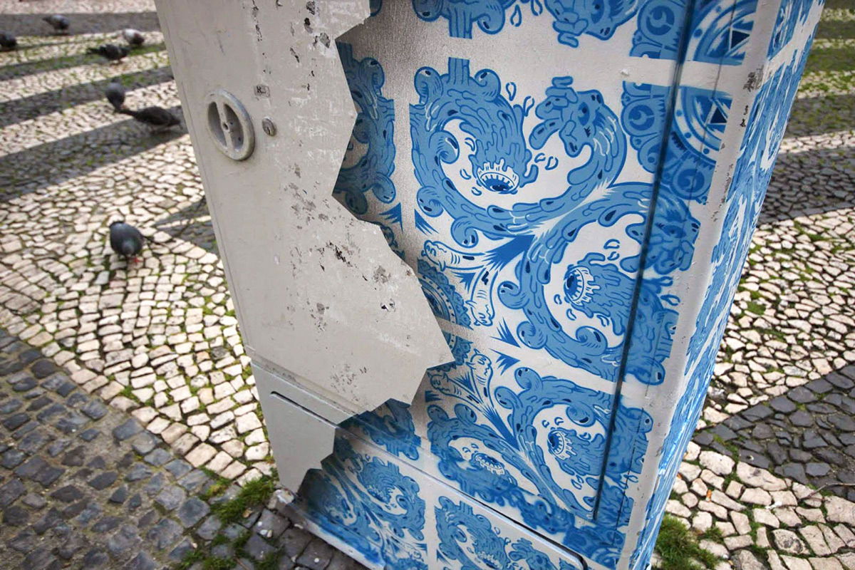 itscolossal:Ceramic Tile Illusion Painted on a Boring Electrical Box in Lisbon