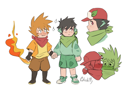 cuteskitty:  So these past days I’ve been enjoying a lot this adorable namelessshipping mystery dungeon AU askblog @redsrescueteam it’s very cute and funny so I wanted to draw Red (Bulbasaur) and Green (Charmander)  I also wanted to try to give