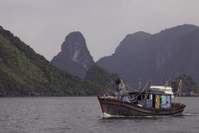 Ha Long, Boat and mountain, Vietnam.