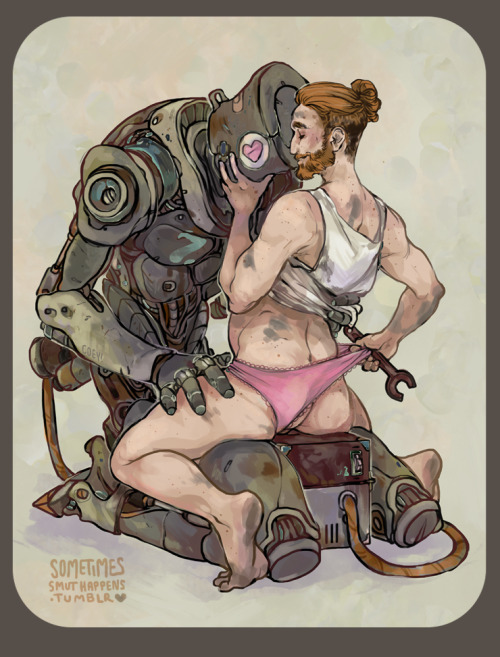 sometimessmuthappens:  More patron funded art! Thanks everyone!!!This time a darling gender fluid mechanic and their boyfriend …ro-boyfriend….robo-yfriend. . _ . they cute. kisskisskiss-COEY!_____