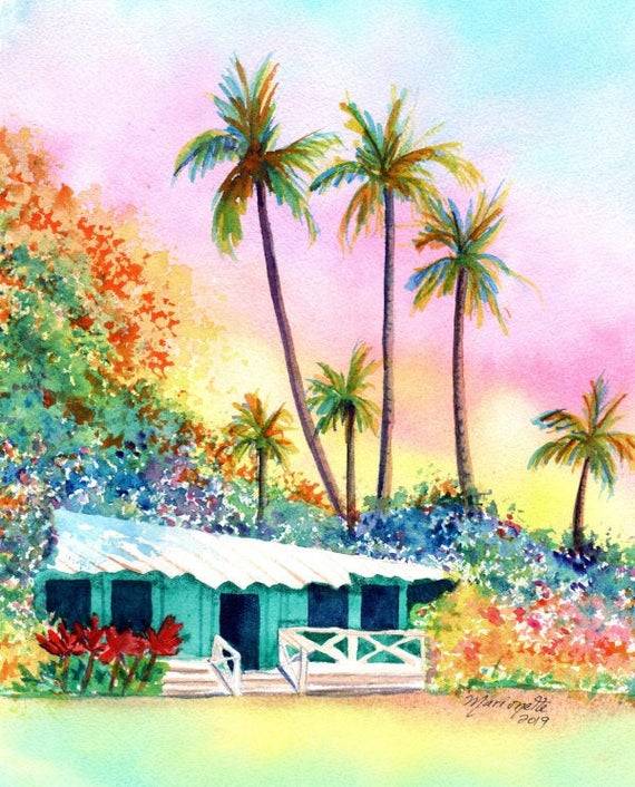 Kauai Artist Marionette — Hawaiian Cottage Original Watercolor Painting, ...