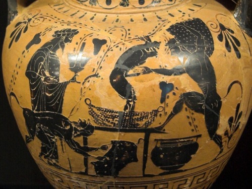 lionofchaeronea:Dionysus and satyrs pressing grapes.  Attic black-figure amphora, artist unknown; ca