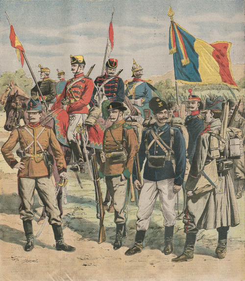 Illustration of Romanian Army uniforms, 1913. On the foreground (left to right) are: artillerist; li