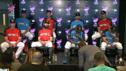 pxnstripes:  judgingbelli:  baseballbabes:  That one press conference  Everyone was so awkward lol  Charlie, Justin and Mike were the funny ones throughout the whole thing. Giancarlo and Aaron were the popular ones. Miguel and Gary were the ones that