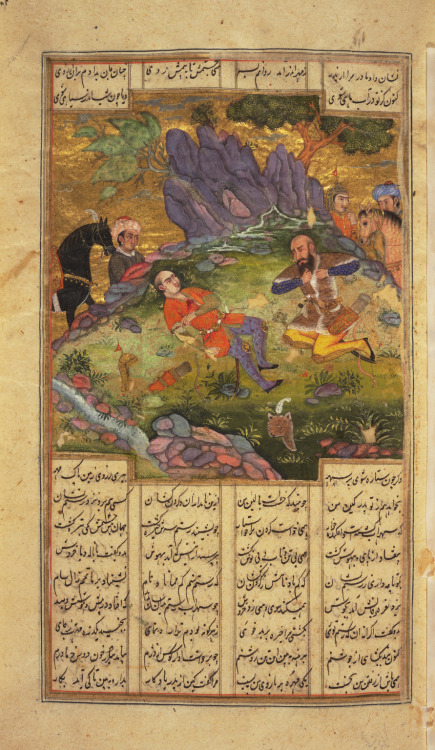 گریه و شیون رستم بر مرگ سهرابPersian manuscript painting: Rostam laments for Suhrab, unknown artist 