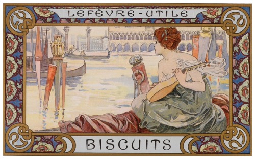 Lefèvre-Utile. Biscuits.Couvercle de boîte/ Cover box.24.1 x 42.9 cm.Art by Alfons Mucha.(1860-1939)